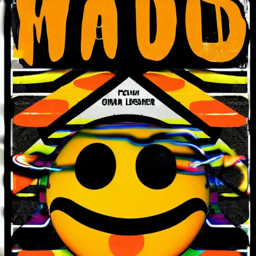 Image similar to acid house rave flyer, poster, smiley face, florescent orange and black