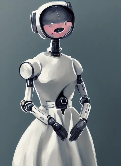 Image similar to a robot wearing a maid dress, full body shot, highly detailed, digital painting, artstation, concept art, smooth, sharp focus, illustration