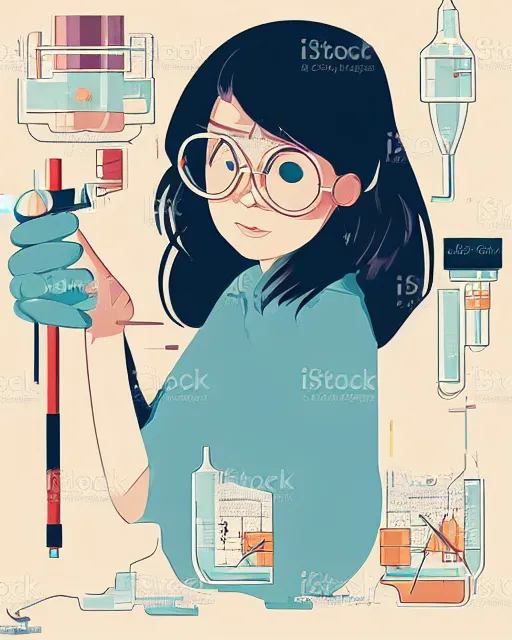 Image similar to a little girl in science lab experiment test tube microscope map. clean cel shaded vector art. minimalist illustration art by lois van baarle, artgerm, helen huang by makoto shinkai and ilya kuvshinov, rossdraws