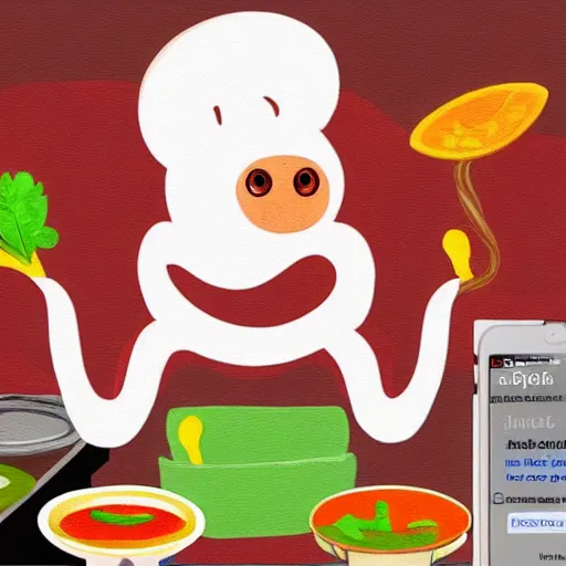 Image similar to anthropomorphic octopus chef cooking a delicious colorful soup, digital painting, youtube video thumbnail