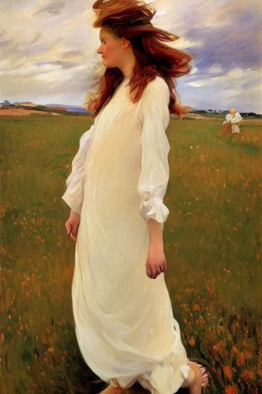 Image similar to young slender woman with long auburn hair wearing a white dress walking through a meadow at dusk, dramatic clouds in sky, wide angle, painting by Joaquín Sorolla, oil on canvas