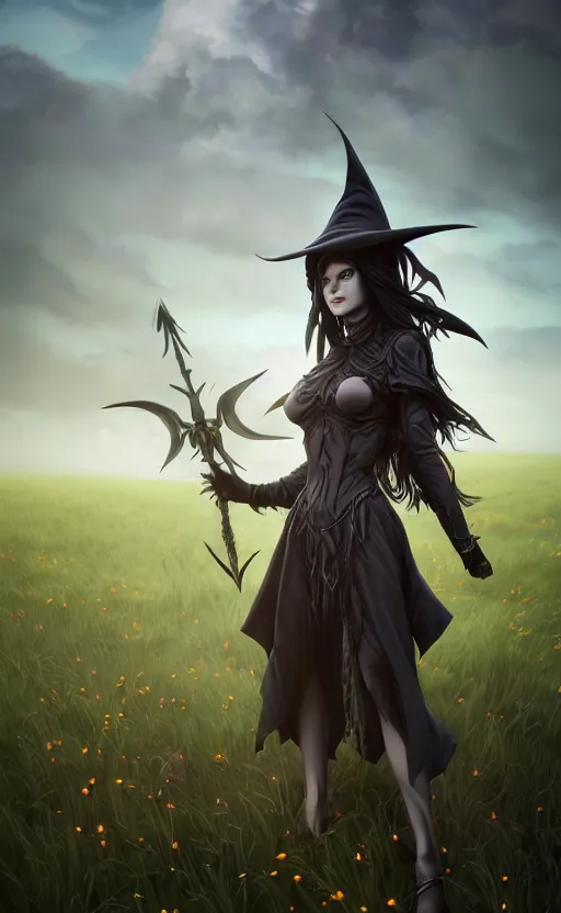 Image similar to medium shot of dark elf witch in field, sunny, highly detailed, d & d, fantasy, highly detailed, digital painting, trending on artstation, concept art, sharp focus, illustration, global illumination, ray tracing, realistic shaded, art by artgerm and greg rutkowski and fuji choko and viktoria gavrilenko and hoang lap