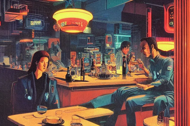 Image similar to 1979 OMNI Magazine Cover of a cozy bar interior in neo-tokyo in cyberpunk style by Vincent Di Fate. Product advertisement