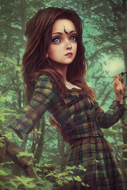 Prompt: sarah smith as a girl in a dark forest, detailed plaid miniskirt, beautiful upper body, detailed face portrait, by dan mumford, anime style, octane render, trending on artstation