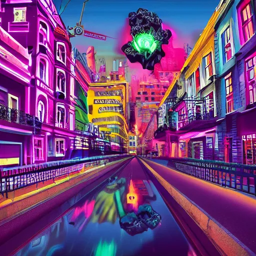 Prompt: A city disaster distopia of various people running around with vivd neon colors, building, street signs, explosions, with a lot of details and elements, 4k, surrealism Dalí