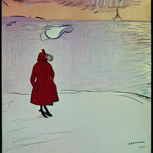 Image similar to a woman in a parka drinking a bottle of coka - cola in an icy polar environment, advertisement, 1 9 6 0's, by henri toulouse lautrec