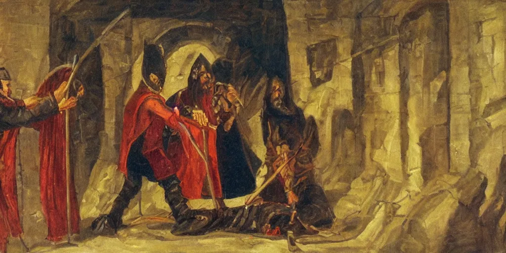 Prompt: oil painting of wizard dragged from king's chamber