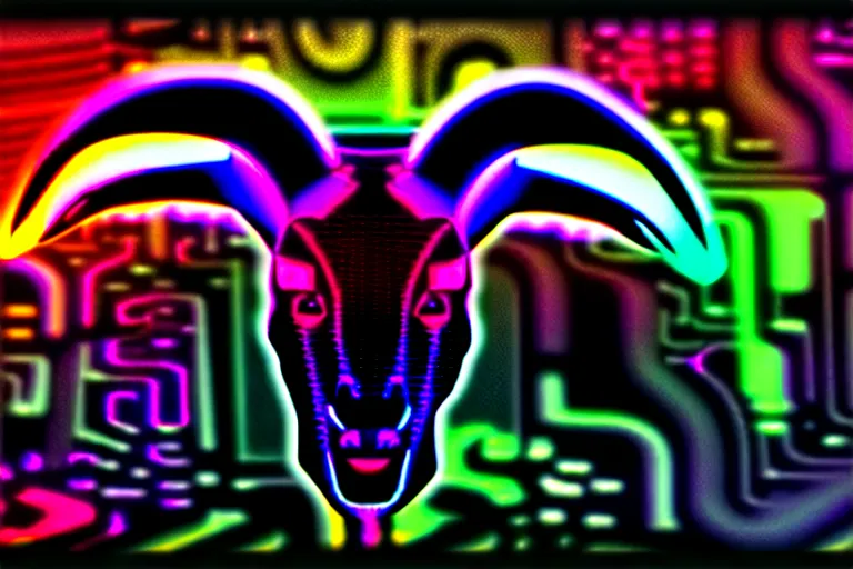 Image similar to complex cyberpunk machine background merged with evil cybernetic goat head in center focus, multicolored digital art