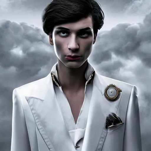 Image similar to portrait of a regal prince with sharp cheekbones, white clothes, high collar, close up, wistful melancholic hopeful expression, super details, surrounded by furious people, modern digital art, matte painting, science fiction