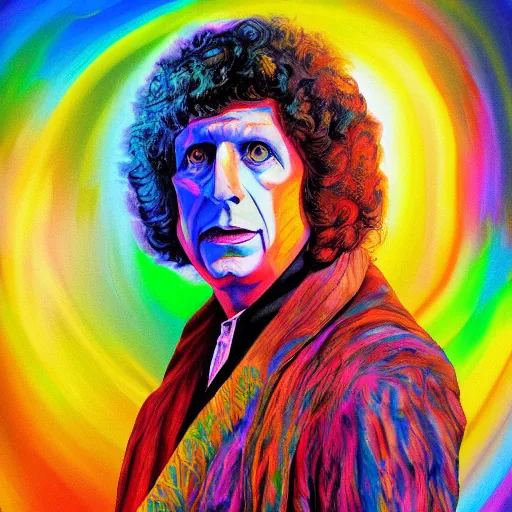 Prompt: tom baker as a psychedelic painting, incredible colours, trippy artwork, 4 k resolution,