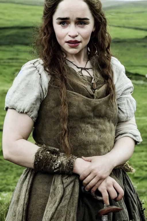 Image similar to Photo of Native Irish woman Emilia Clarke, portrait, skilled shepherdess of sheep, ancient, realistic, detailed, Emilia Clarke