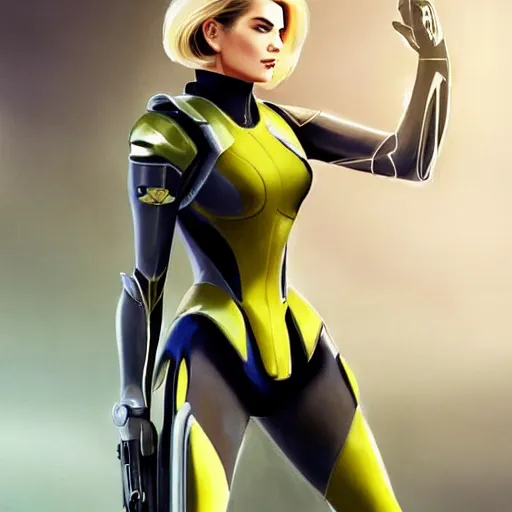 Prompt: A combination of Grace Kelly's and Ada Wong's and Ashley Greene's appearances with blonde hair wearing Interceptor's armor from Anthem, high tech, action shot, angular, full body portrait, futuristic, dramatic, fantasy, intricate, elegant, highly detailed, artstation, matte, sharp focus, 8K, art by Artgerm and Greg Rutkowski and Alphonse Mucha