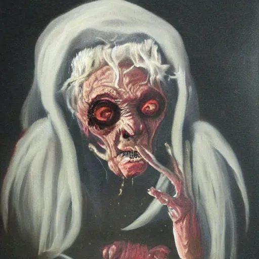 Image similar to creepy old cursed witch watching you sleep, eerie, haunted, oil painting