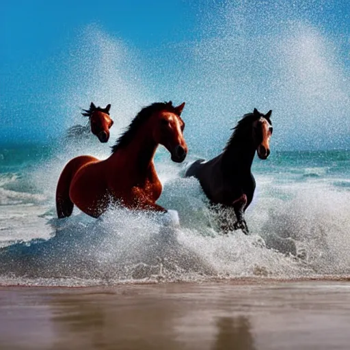 Prompt: close up of horses running through the waves on a beach with water splashing up, cinematographic shot, cartoon