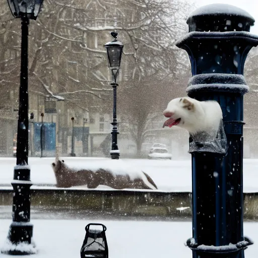 Image similar to an animal with its tongue stuck to a lamp post, snowy london street scene