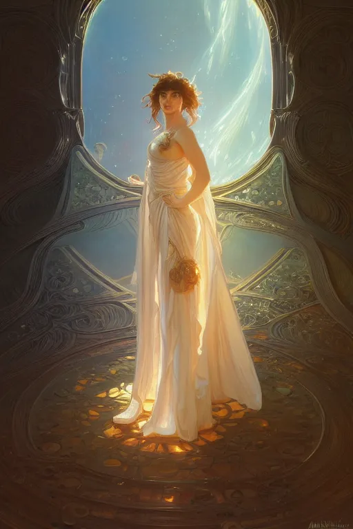 Prompt: painting of a shy noon in front of a dimensional portal, decorated, intricate, elegant, highly detailed, digital painting, artstation, concept art, smooth, sharp focus, illustration, art by artgerm and greg rutkowski and alphonse mucha, 8 k