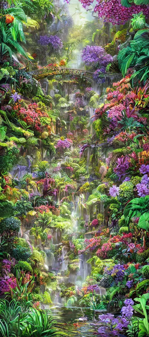 Image similar to cascading concept art of an exotic garden with flowers and big trees, detailed, highly detailed, aesthetic, realistic, hyper realism, colorful, in depth, intricate,