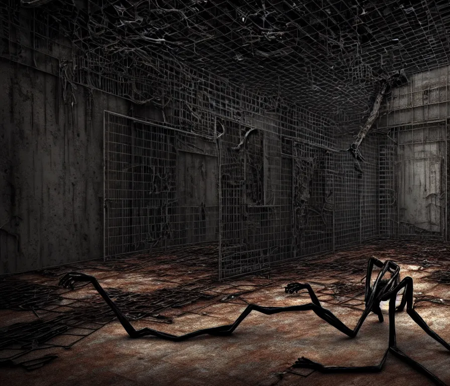 Image similar to creepy huge suffering humanoid with long limbs sits on the floor. An underground very dark gloomy multi-layered structure of rusty thick iron grates, dense chain-link fencing and peeling walls. Inside view, collapsed floors, bent rusted iron, masterpiece, black background, corners, cinematic, hyperdetailed, photorealistic, hyperrealism, octane render, 8k, depth of field, bokeh, architecture, shadows, art by Zdzisław Beksiński, Dariusz Zawadzki