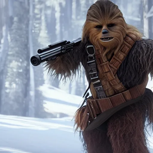 Prompt: Film still of Chewbacca, from Red Dead Redemption 2 (2018 video game)