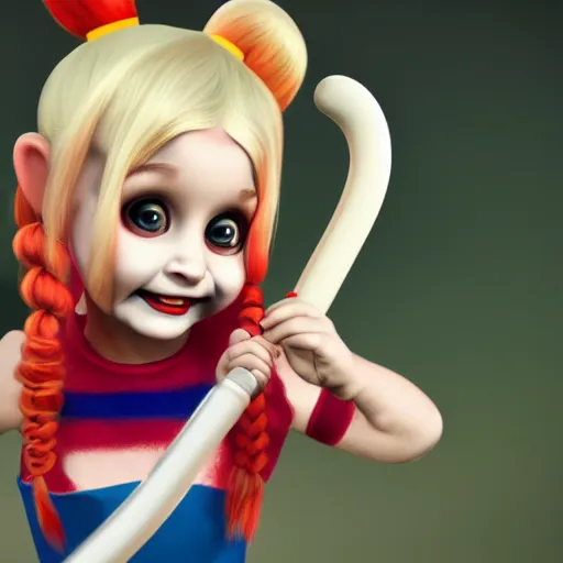 Image similar to baby harley quinn with pigtail in hair like pebbles flintstones playing with a magic wand, full body, big head, large smile, pixar style, happy, chill out 4 k trending on artstation