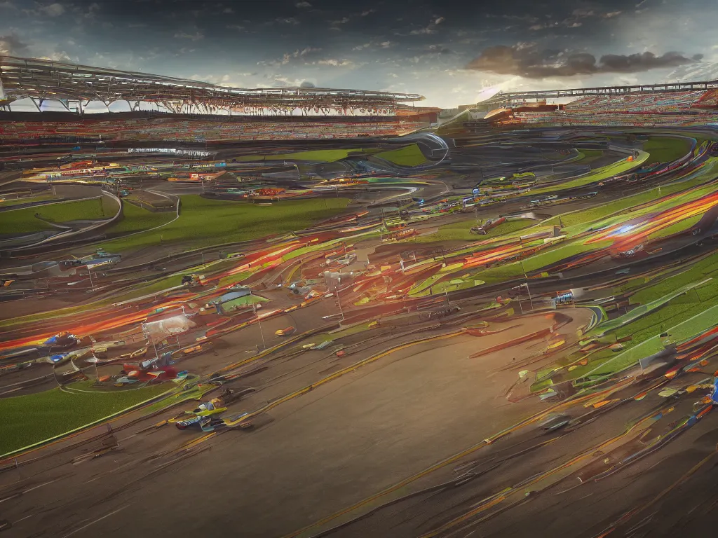 Image similar to a racing track in a game hyperealistic very colourful hdr cinematic lighting cgi render photorealistic cinematic octane render