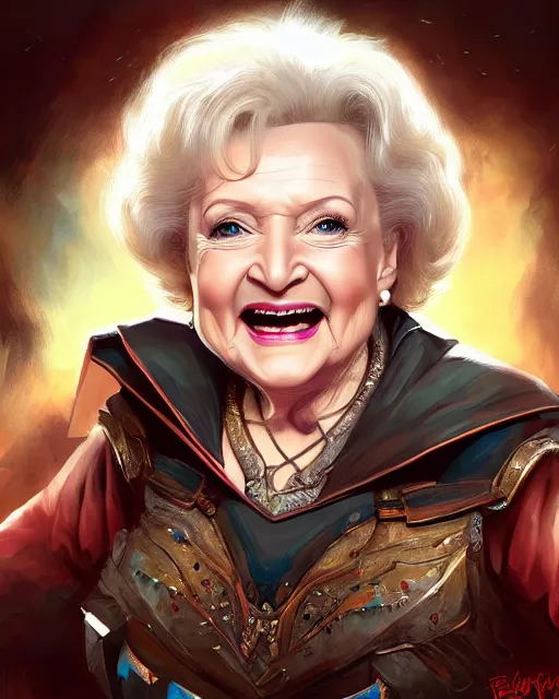 Prompt: betty white, portrait, fantasy art, in the style of artgerm, illustration, epic, fantasy, intricate, hyper detailed, artstation, concept art, smooth, sharp focus, ray tracing, vibrant, photorealistic, simon bisley, fabry glenn