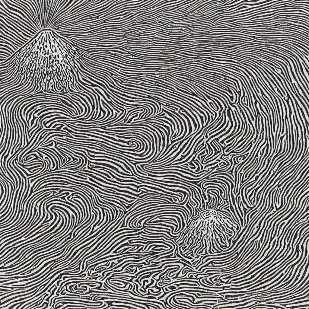 Prompt: optical illusion woodblock print, erupting volcano stamp pattern