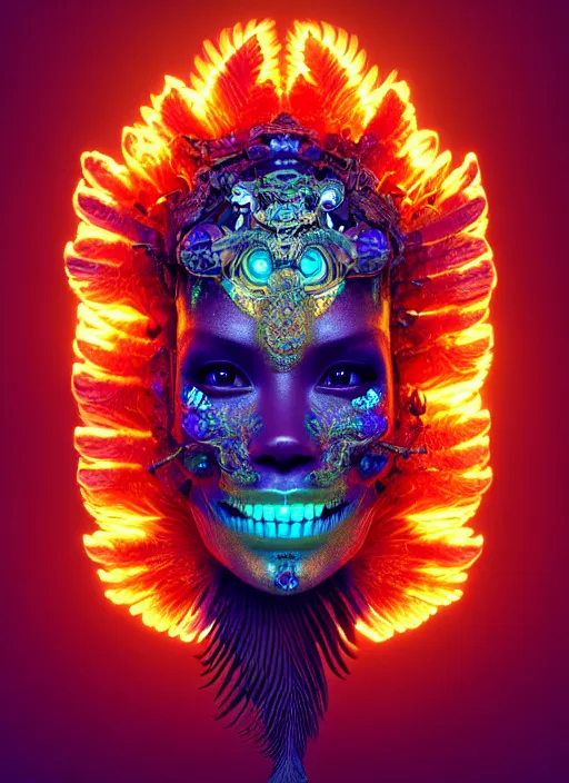 Image similar to 3 d goddess portrait, 8 k micro details global illumiantion beautiful intricate highly detailed quetzalcoatl skull and feathers. bioluminescent, fire, snow, water, wind, creature, thunderstorm! artwork by tooth wu and wlop and beeple and greg rutkowski, trending on artstation,