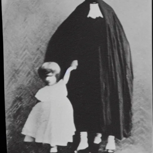 Prompt: black and white grainy newspaper photo from 1898 of an old scary lady in black suit with child, horror