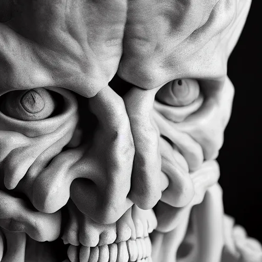 Prompt: marble bone demon statue, by francesco queirolo, highly detailed studio lighting, portrait photography, black - and - white photography, hyper realism, fantasy, 4 k,