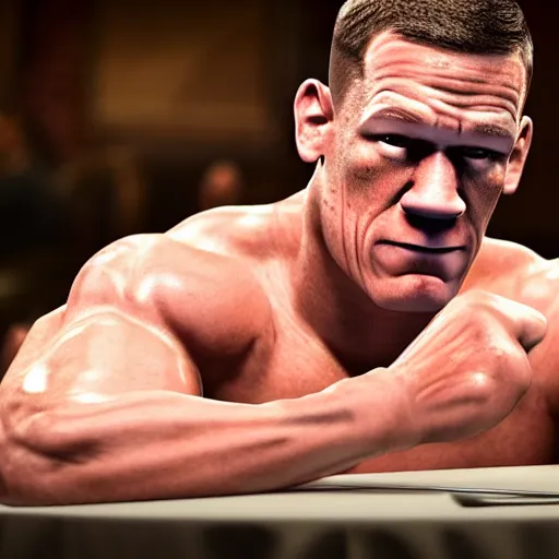 Image similar to john cena sitting at a table breaking down and crying about the fact that his social credit score has gone down for the 5 0 th time this week realistic hyperrealistic 4 k resolution 8 k resolution highly detailed very detailed extremely detailed hd quality detailed face very detailed face extremely detailed face trending on artstation