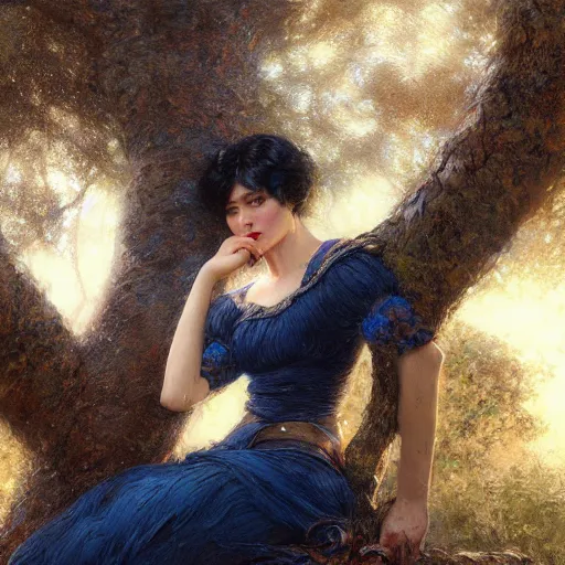 Image similar to portrait of a woman resting on a large tree, short black hair, decorative dark blue clothing, sharp focus, ultra realistic digital painting, colorful, cinematic lighting, high fantasy, intricate, highly detailed, smooth, elegant, gaston bussiere, bayard wu, greg rutkowski