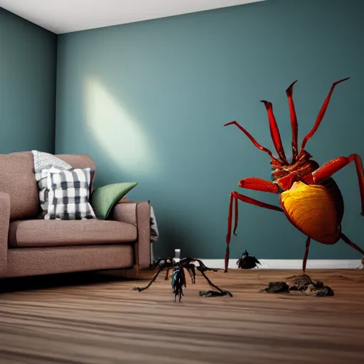 Image similar to Horrifying giant bugs in a small cramped living room, ominous, 4K, high octane,