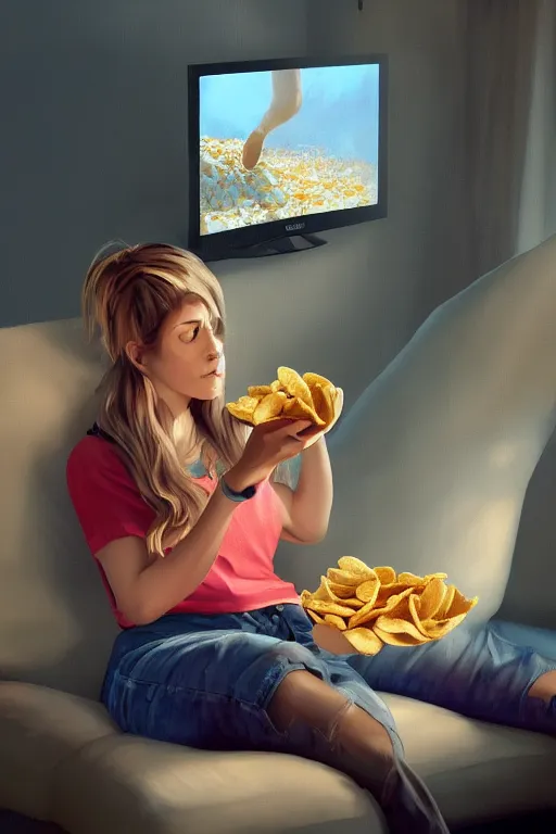 Prompt: a dynamic digital painting and illustration of a lazy woman eating chips while watching tv, rendered in octane, cgsociety, artstation, cinematic lighting, 4K, very intricate, HDR