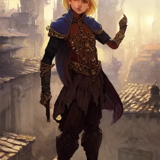 Image similar to portrait of a boy wearing fantasy thief clothing in the slums of a fantasy city, blonde hair, d & d, fantasy, joyful smirk, intricate, elegant, highly detailed, digital painting, artstation, concept art, matte, sharp focus, illustration, art by artgerm and greg rutkowski and alphonse mucha