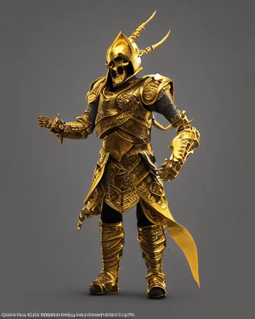 Prompt: 3d render of a character concept of a skull headed gold knight with a skull hemet, wearing golden armor, hyper realistic, unreal, craig mullins, alex boyd, lord of the rings, game of thrones, dark souls, artstation, warhammer, unreal