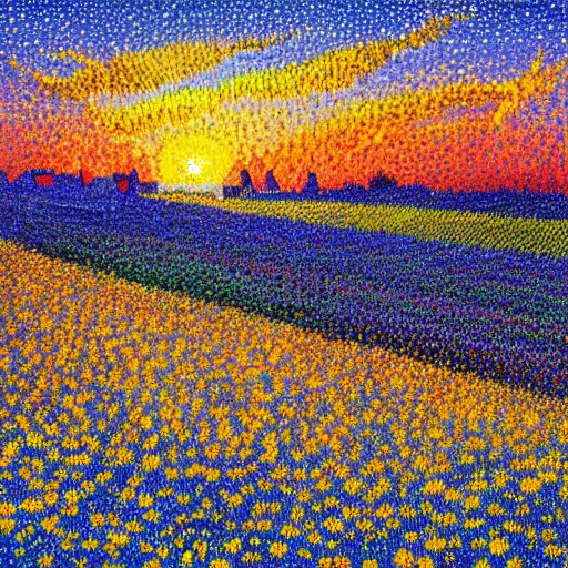 Image similar to rocket landing in a field of flowers at sunset, pointillism and impressionism painting