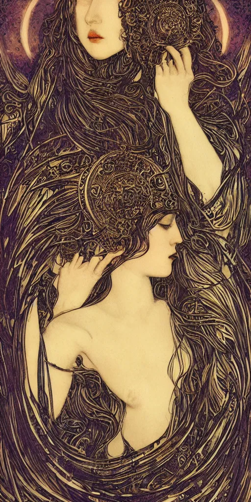 Prompt: goddess, masterpiece , cinematic, powerful, moon beams dramatic light, highly, intricate elements, hollow souls, detailed, digital painting, artstation, concept art, sharp focus, illustration, dynamic art by Raphael Kirchner and Margaret Macdonald Mackintosh and Mitch Foust, john waterhouse