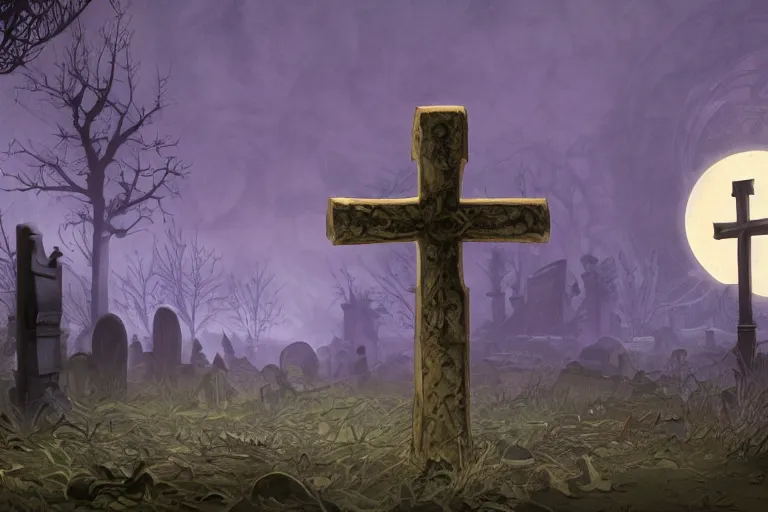 Prompt: an ultra detailed animation of a cross in a graveyard at midnight on halloween, digital art, dark fantasy, concept art, soulslike, by alphonse mucha, blood moon eclipse, ruined building in the background, artstation, 8 k, unreal engine render