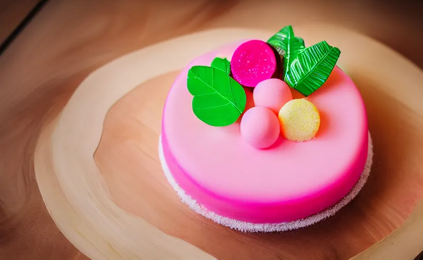 Image similar to A photo of a swedish princess cake from the side on a wooden table, covered with pink marzipan, some powder sugar and a green marzipan leaf in the center. Sunset. 4K. Cinematic lighting. High detail. Realistic. Delicious.