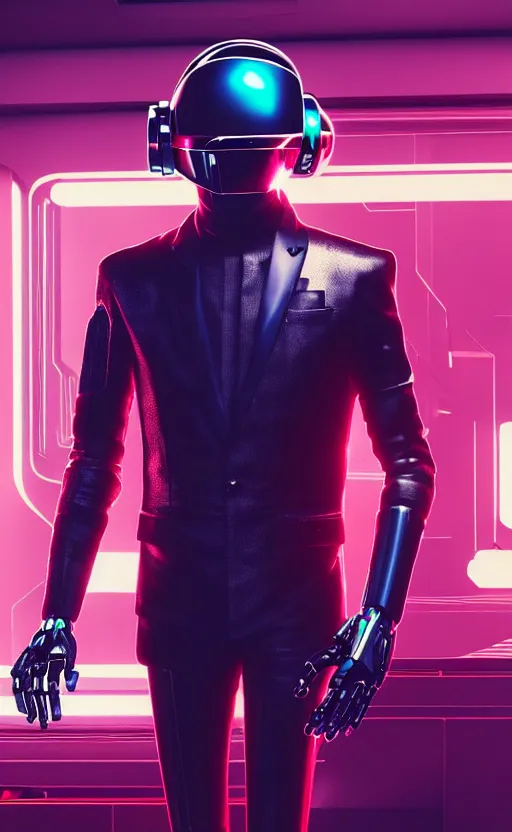 Image similar to portrait of 2 Daft Punk Robots, Cyberpunk 2077, looking at camera, intricate, dystopian, sci-fi, extremely detailed, digital rendering, octane render, artstation, concept art, smooth, sharp focus, intimidating lighting, chrome reflexions, incredible art