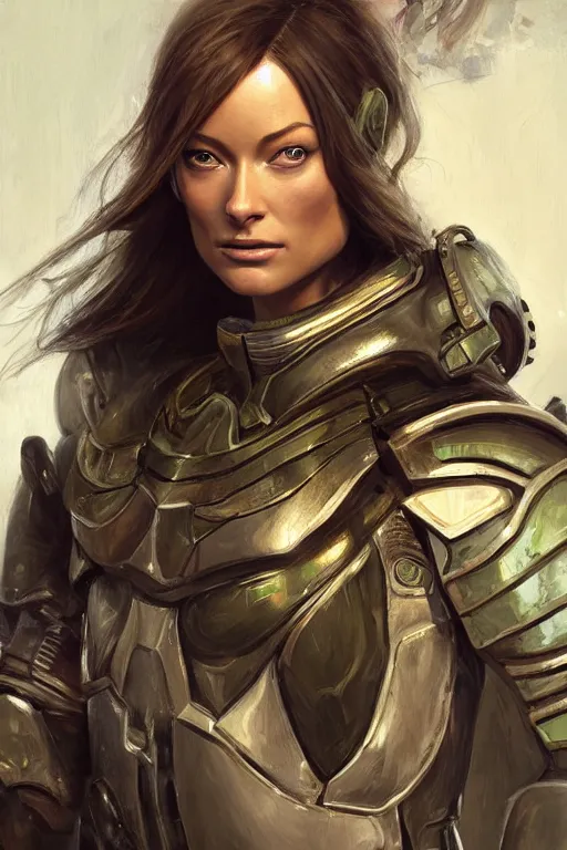 Image similar to a professional painting of a young Olivia Wilde, clothes in military armor, olive skin, long dark hair, beautiful bone structure, symmetrical facial features, intricate, elegant, digital painting, concept art, smooth, sharp focus, illustration, from StarCraft by Ruan Jia and Mandy Jurgens and Artgerm and William-Adolphe Bouguerea