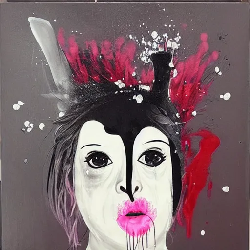 Prompt: “ a portrait in an emo piggirl ’ s apartment, sensual, a pig theme, art supplies, paint tubes, ikebana, herbs, a candle dripping white wax, black walls, squashed berries, berry juice drips, acrylic and spray paint and oilstick on canvas, surrealism, neoexpressionism ”