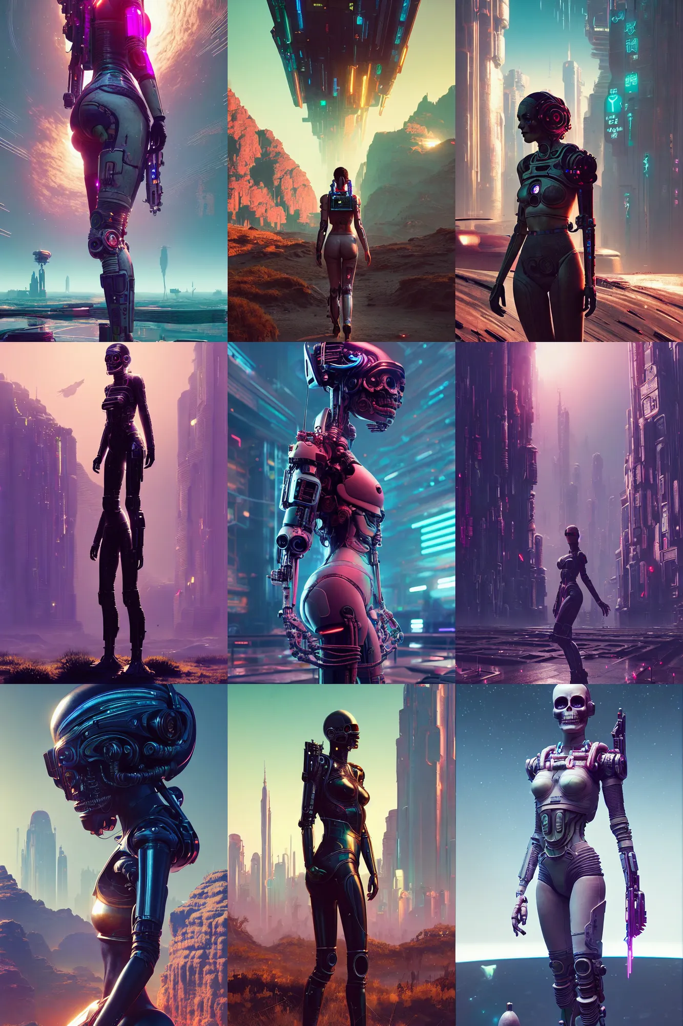 Prompt: wanderer, beautiful female android!, intricate detailed environment, photorealistic!, octane render, mechanical, concept art, cinematic lighting, digital art, interstellar, hyper realism, sharp, cyberpunk 2 0 7 7, 8 k, de dia los muertos. by angus mckie, moebius, maciej kuciara