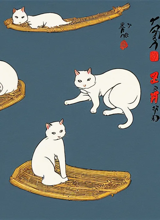 Image similar to whitecat with 2 baby white cats of utagawa hiroshige, digital painting 4 k uhd image, highly detailed