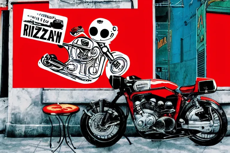 Image similar to italian pizza, akira's motorcycle, gorillaz, flyer, kid drawn