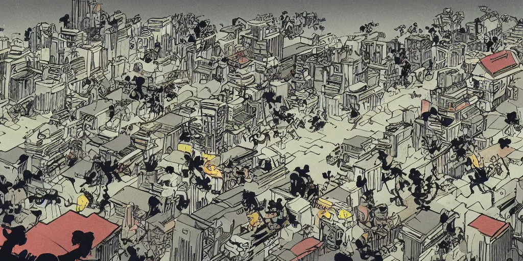 Image similar to a horde of monkeys attacking a city in Japan by Ashley Wood, 3 point perspective, rule of thirds