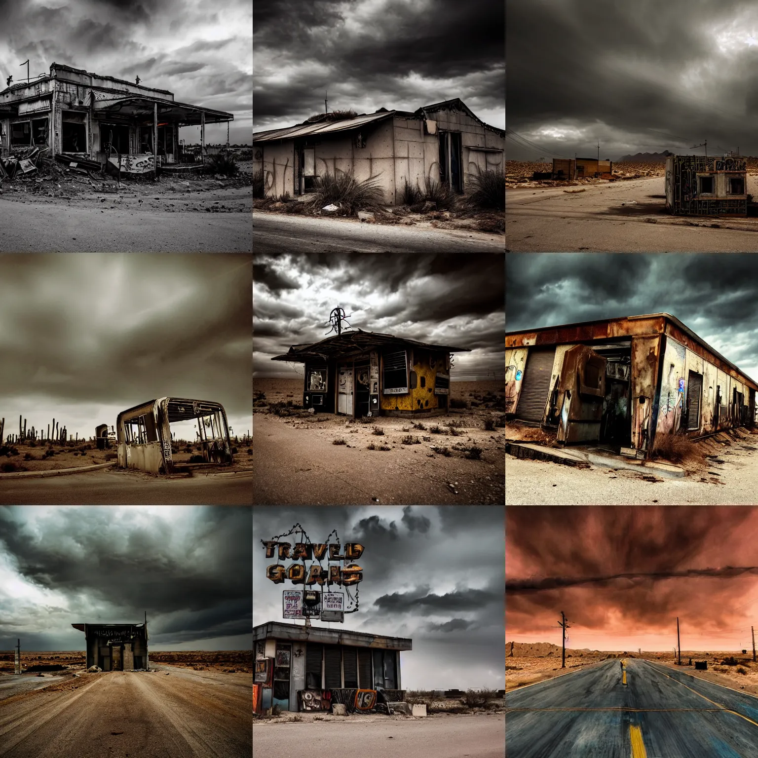 Prompt: travel photography, driving past an abandoned cyberpunk bar made of scrap metal and scrap wood in the desert of a gloomy alien world, next to a graveyard, motion blur!!!, ominous skies