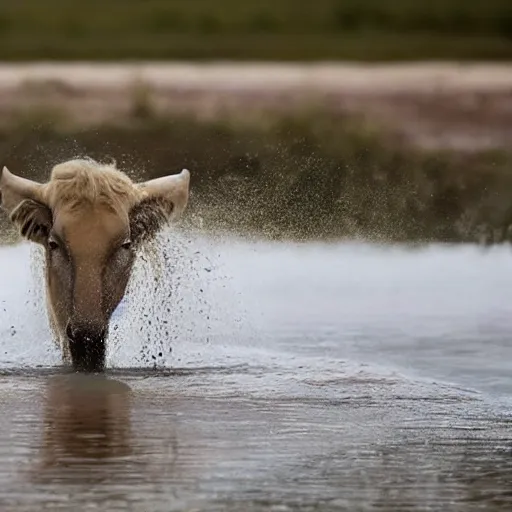 Prompt: national geographic professional photo of trump lapping up water in a busy watering hole, award winning