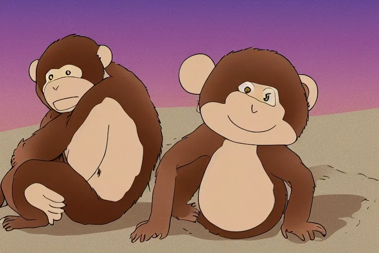 Image similar to high definition illustration of a monkey holding its baby in its lap, while walking along the beach, studio ghibli style, highly detailed, fun,